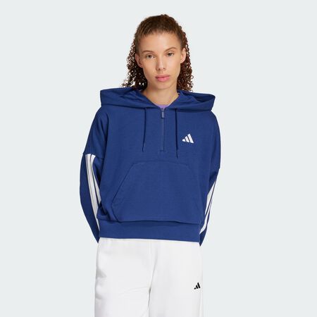 Sweat-shirt à capuche zip 1/4 french terry 3 bandes Essentials : Dark Blue / White