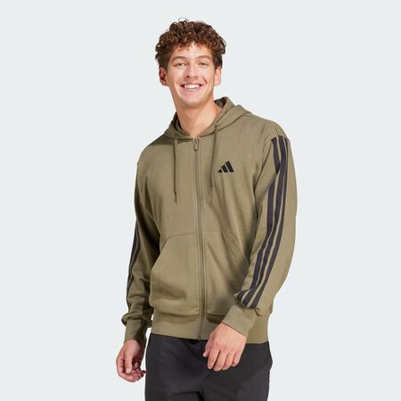 Veste à capuche entièrement zippée French terry 3 bandes Essentials : Olive Strata / Black