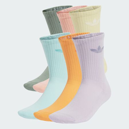 ADIDAS ORIGINALS Trefoil Cushion Crew Socks 6 Pairs Silver Green / Glow Pink / Powder Yellow UNISEX