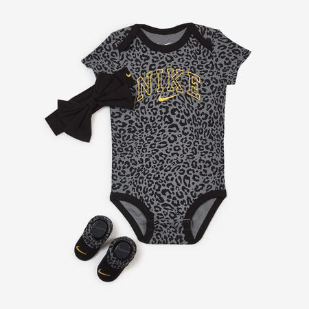 NIKE 3 PC SET BODYSUIT HAT BOOTIE LEOPARD NOI BLACK/GOLD BABIES