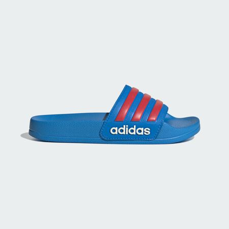 ADILETTE SHOWER SLIDES : Lucid Ray Blue / Semi Lucid Red / Off White