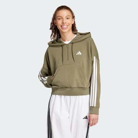 ADIDAS SPORTSWEAR Sweat-shirt à capuche zip 1/4 french terry 3 bandes Essentials Olive Strata / White FEMME